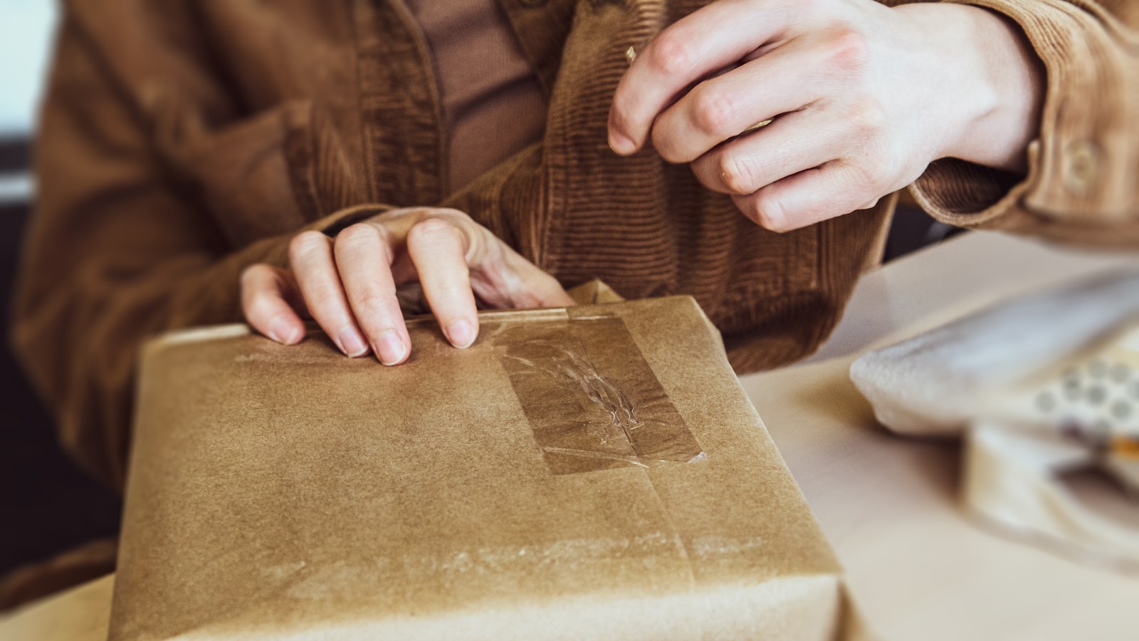 Hands in a brown corduroy jacket carefully sealing a brown paper package with tape on a wooden table.