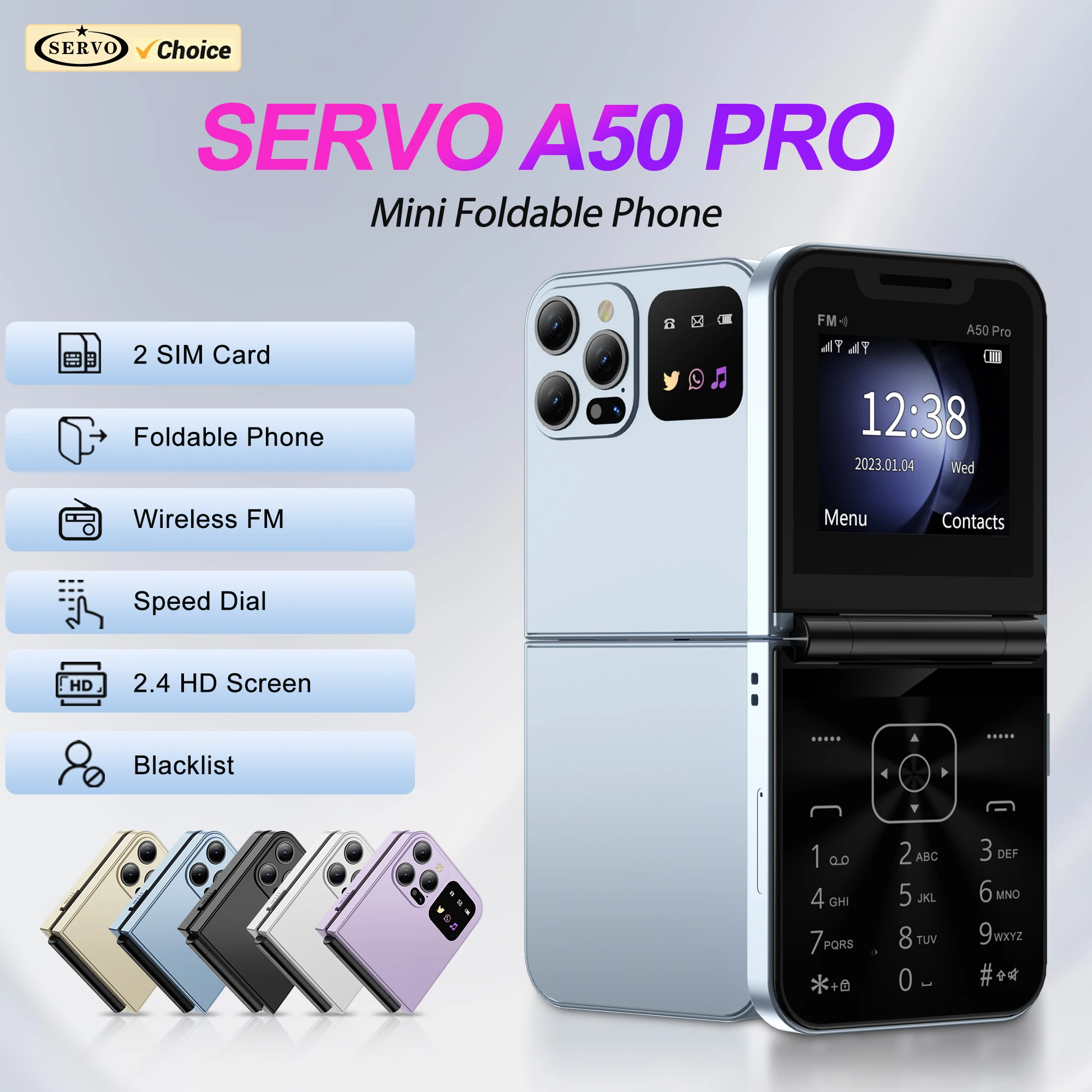 A product page on AliExpress showing the SERVO A50 PRO Foldable Mobile Phone — a purple plastic flip phone with a small inner screen, listed at about 1,092 hryvnia (~$26 USD).